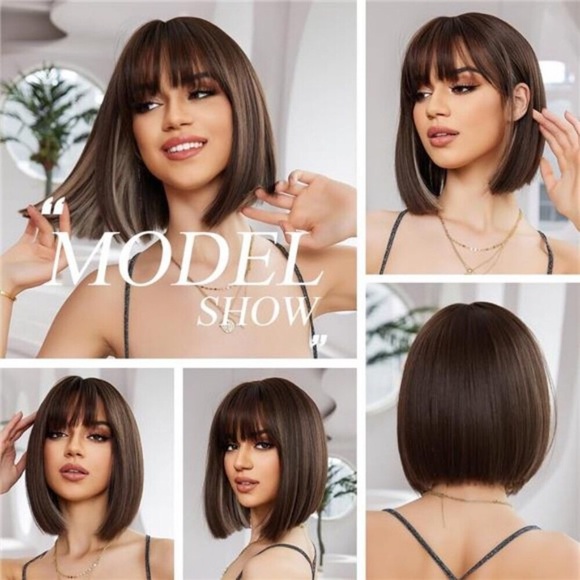 Brown Bob Wigs for Women Short Straight Wig with Bangs Synthetic Hair Heat main image 6